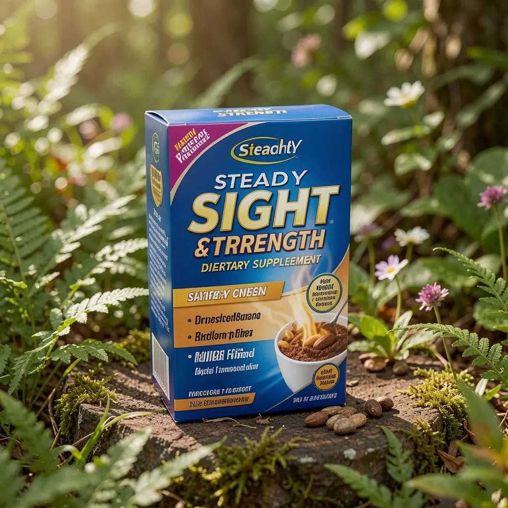 Steady Sight and Strength dietary supplement package displayed on a natural background